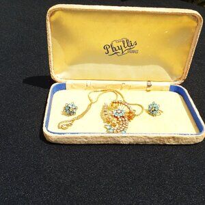 Phyllis Originals 1/20 12G.F. Blue and Clear Crystal Necklace and Earring Set